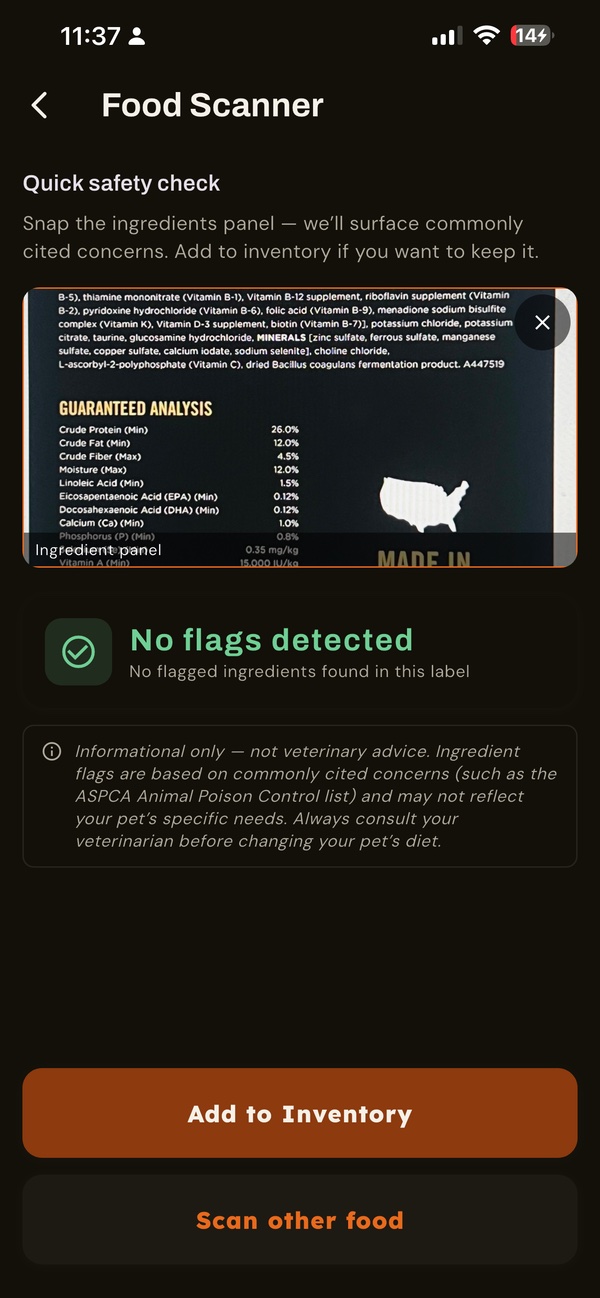 Food scanner safety check showing no flagged ingredients in a scanned label
